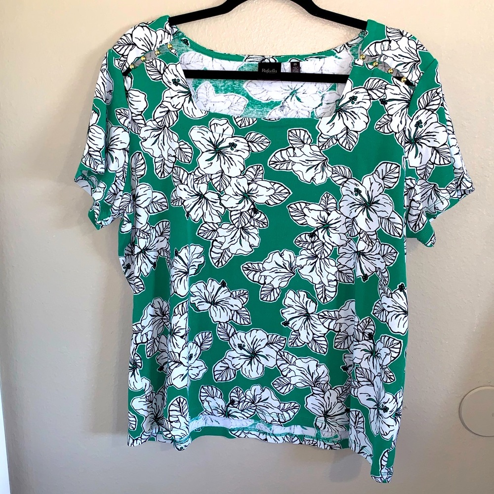 Rafaella EUC Square Neck Top Green and White Size 2XL 100% cotton